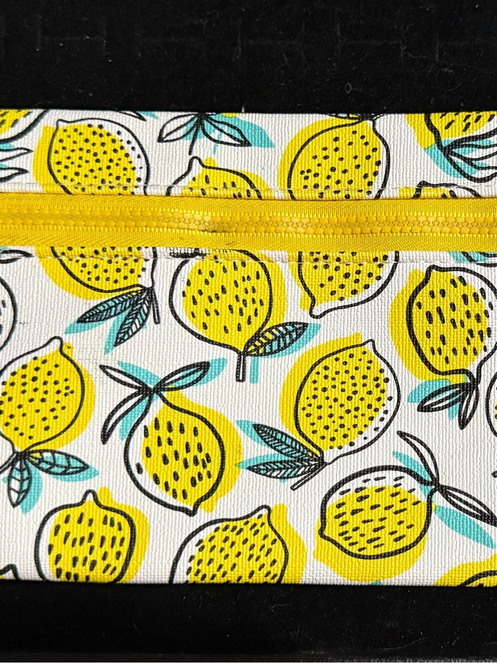 ipsy Lemon Print Cosmetic Bag in Yellow, White, Teal, Black